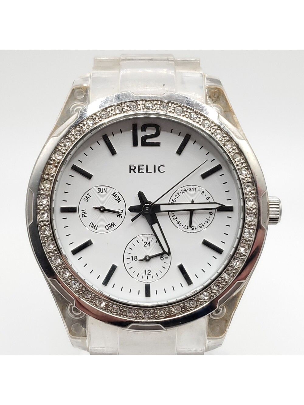 Relic Watch Women Silver Tone Multi Dial Pave Bezel Clear Band New Battery 37mm
